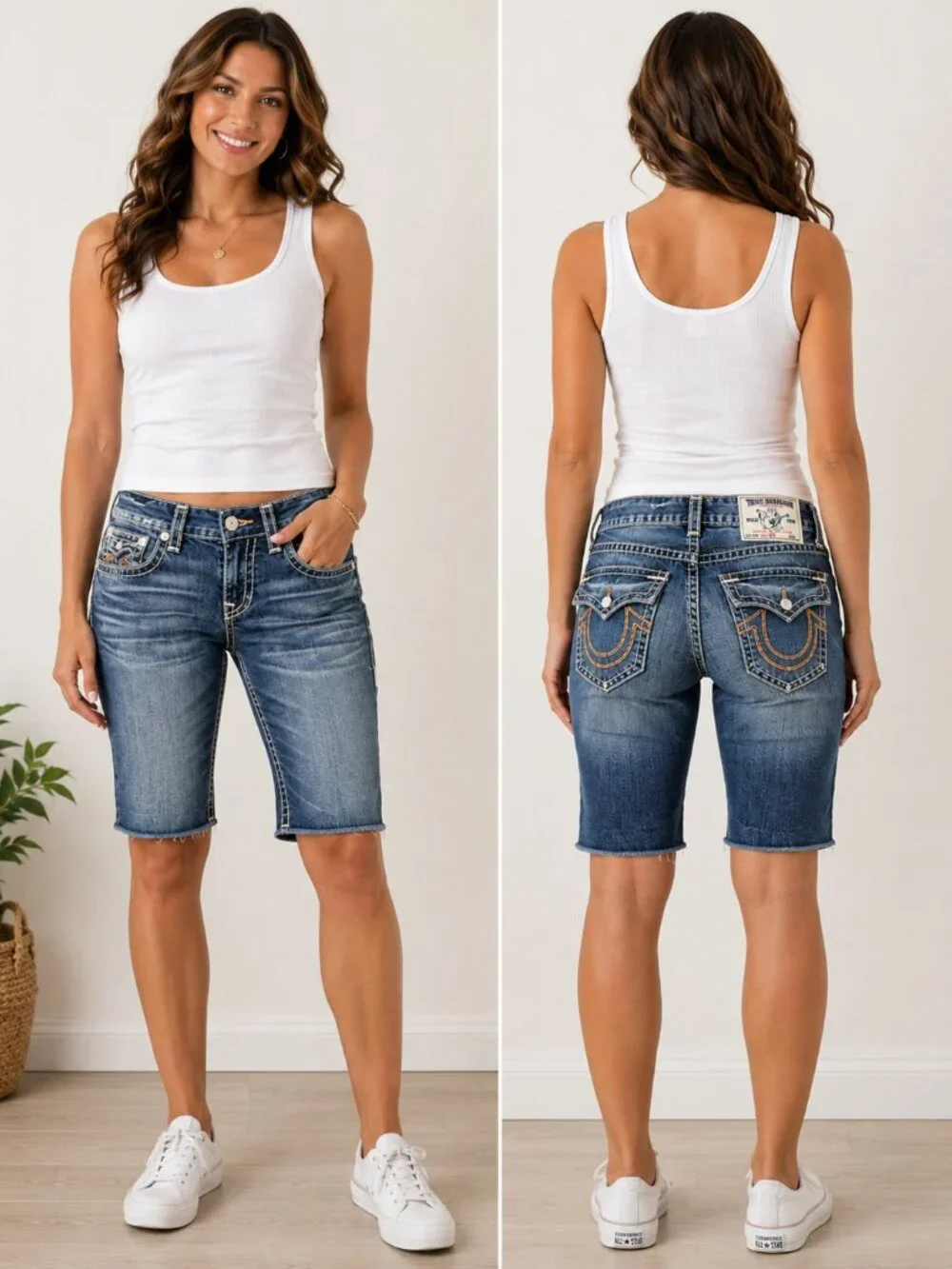 True Religion Cut Off Bermuda Denim Shorts Women's 29 Blue Flap Pocket Raw Hem